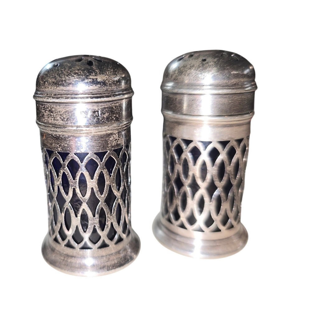 Antique Sterling Silver‎ Cobalt Blue Glass Salt Pepper Shakers Made in England